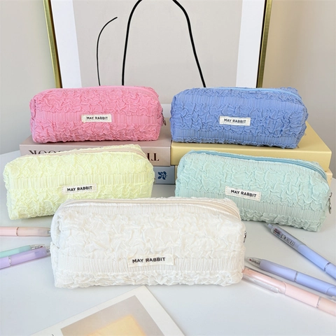 Korean Style Bubble Pleated Pencil Case Large Capacity Portable Macaron Color Polyester Stationery Bag Organizer