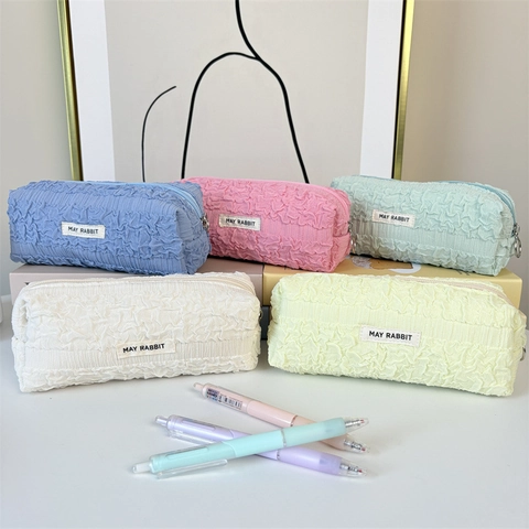 Korean Style Bubble Pleated Pencil Case Large Capacity Portable Macaron Color Polyester Stationery Bag Organizer