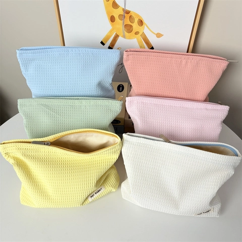 Waffle Weave Makeup Bag Large Capacity Cosmetic Pouch Portable Zipper Storage Organizer For Women Simple Solid Color