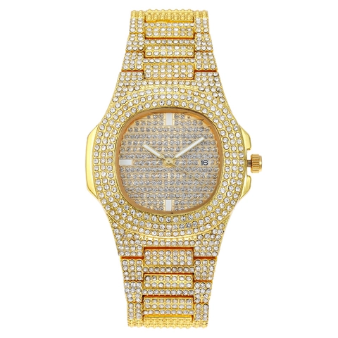 Reloj De Cuarzo De Lujo Para Hombre Iced Out Estrás Banda De Acero Inoxidable Hip Hop Caja Octogonal Con Fecha