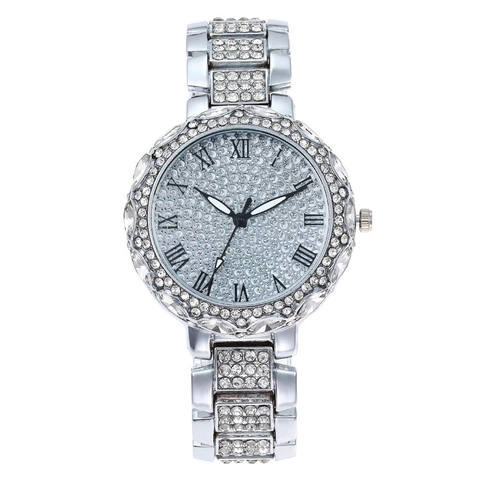 Luxury Women Quartz Watch Full Rhinestone Alloy Strap Roman Numeral Dial Fashion Elegant Sparkly Crystal Timepiece