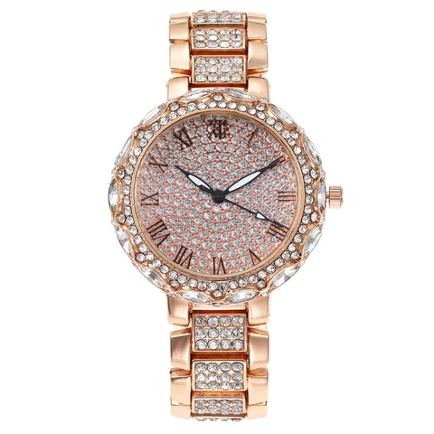 Luxury Women Quartz Watch Full Rhinestone Alloy Strap Roman Numeral Dial Fashion Elegant Sparkly Crystal Timepiece