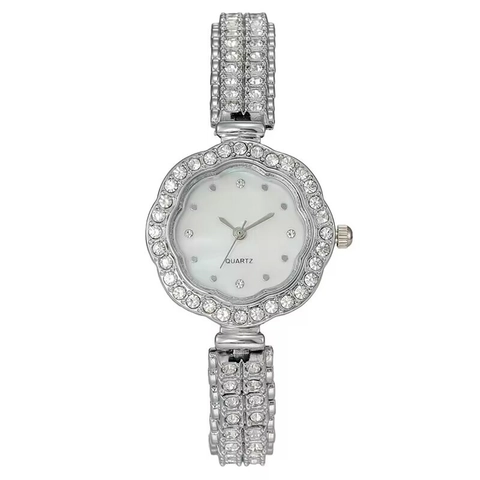 Womens Quartz Watch Elegant Floral Petal Bezel Rhinestone Inlaid Stainless Steel Strap Jewelry Bracelet Wristwatch Fashion