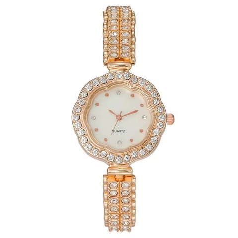 Womens Quartz Watch Elegant Floral Petal Bezel Rhinestone Inlaid Stainless Steel Strap Jewelry Bracelet Wristwatch Fashion