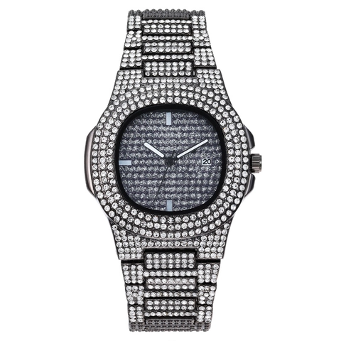 Reloj De Cuarzo De Lujo Para Hombre Iced Out Estrás Banda De Acero Inoxidable Hip Hop Caja Octogonal Con Fecha