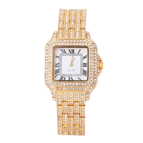 Montre À Quartz Pour Femmes Boîtier En Alliage Carré Entièrement En Strass Chiffres Romains Montre-Bracelet De Mode Minimaliste