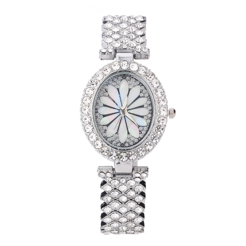 Women Quartz Watch Luxury Alloy Rhinestone Fully Iced Out Steel Band Floral Daisy Dial Jewelry Bracelet Fashion Elegant