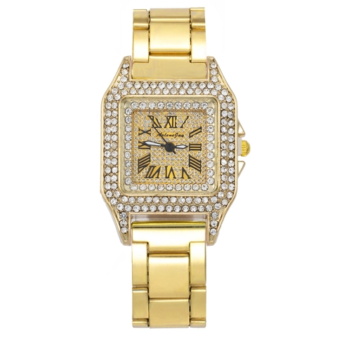 Reloj De Cuarzo Para Mujer Caja Cuadrada Con Diamantes De Imitación Esfera Estrellada Números Romanos Correa De Acero