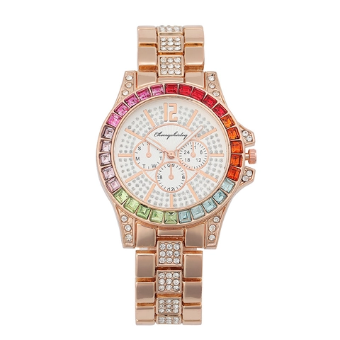Luxury Women Quartz Watch Alloy Steel Strap Rainbow Rhinestone Bezel Fashion Multi Dial Elegant Wristwatch