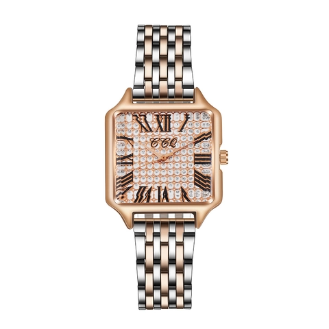 Reloj De Cuarzo Para Mujer Cuadrado Esfera Con Cristales Bicolor Correa De Acero Números Romanos Moda