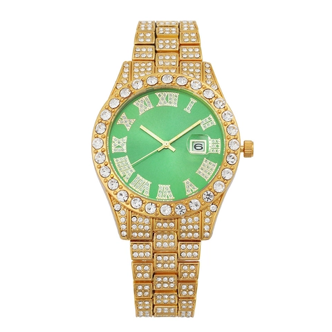 Luxury Iced Out Quartz Watch With Rhinestone Alloy Strap Roman Numeral Date Window Fashion Jewelry