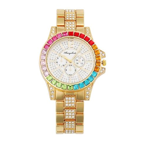 Luxury Women Quartz Watch Alloy Steel Strap Rainbow Rhinestone Bezel Fashion Multi Dial Elegant Wristwatch
