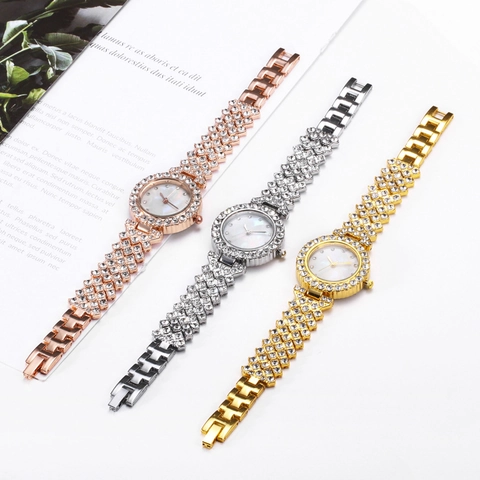 Women's Fashion Luxury Quartz Watch Mother Of Artificial Pearl Dial Rhinestone Inlaid Alloy Strap Analog Wristwatch For Elegant Ladies