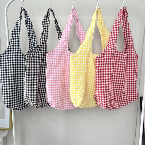 Borsa Tote A Quadretti Grande Capacità Vintage In Tela Di Cotone Borsa A Spalla Da Donna Estetica Retro