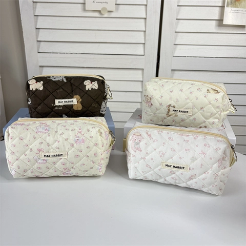 Gewatteerde Cosmetische Tas Polyester Cartoon Bloemenpatroon Cosmetische Pouch Grote Capaciteit Etui Reisorganisator Vrouwen