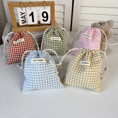 Plaid Drawstring Bags Gingham Cotton Storage Pouches For Jewelry Cosmetics Travel Organizer Small Lattice Cloth Sacks