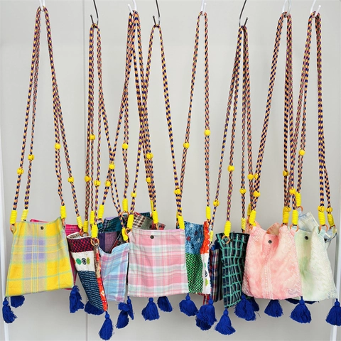 Mini Borsa A Tracolla Retro A Quadri Pochette Per Cellulare In Poliestere Tela Con Nappe E Tracolla In Corda Intrecciata
