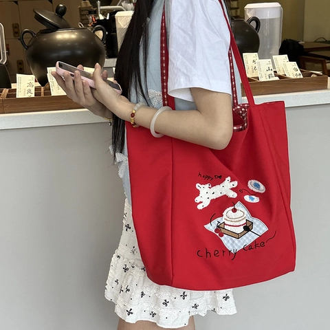 Borsa Tote In Tela Ricamo Orso Cartone Animato Grande Capacità Borsa A Spalla Stile Coreano Per Donne