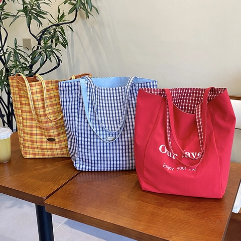 Damen Canvas Totebag Große Kapazität Wendbar Buchstabenmuster Gingham Schultertasche Lässig Shopper