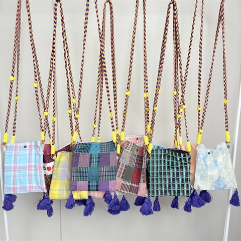 Mini Borsa A Tracolla Retro A Quadri Pochette Per Cellulare In Poliestere Tela Con Nappe E Tracolla In Corda Intrecciata