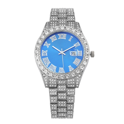 Luxury Iced Out Quartz Watch With Rhinestone Alloy Strap Roman Numeral Date Window Fashion Jewelry