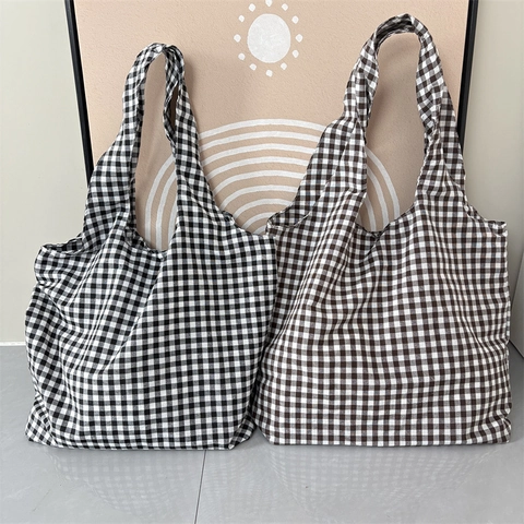 Borsa Tote A Quadretti Grande Capacità Vintage In Tela Di Cotone Borsa A Spalla Da Donna Estetica Retro