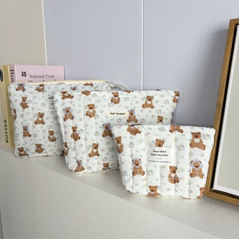 Borsa Trucco Trapuntata Simpatico Orsetto Cartone Animato Stampa Floreale Cotone Cerniera Organizzatore Per Donna Stile Coreano
