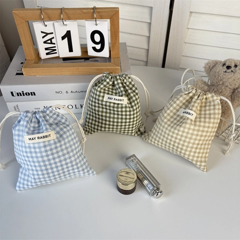Plaid Drawstring Bags Gingham Cotton Storage Pouches For Jewelry Cosmetics Travel Organizer Small Lattice Cloth Sacks