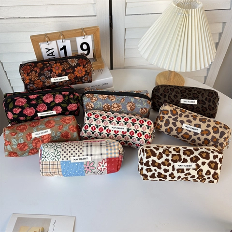 Retro Cord Federmappe Große Kapazität Schreibwarentasche Floral Leopard Print Makeup Tasche Für Schüler Mädchen