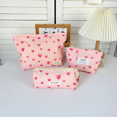 Roze Cosmetische Tas Met Hartjesprint Reis Toilettas Draagbare Canvas Make-Up Organizer Tas Voor Dames