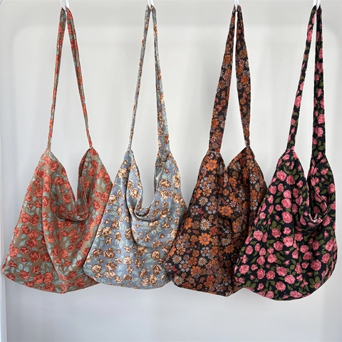 Borsa Tote Vintage Velluto A Coste Tela Grande Capacità Stampa Leopardata Floreale Borsa A Spalla Per Donne Versatile