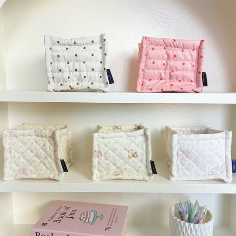 Quilted Fabric Storage Basket Floral Print Square Desktop Organizer For Makeup Stationery Sundries Cute Home Decor