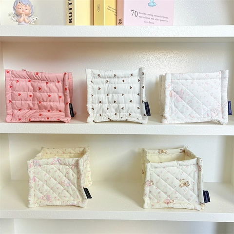 Quilted Fabric Storage Basket Floral Print Square Desktop Organizer For Makeup Stationery Sundries Cute Home Decor