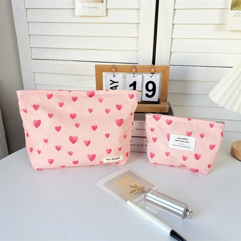 Roze Cosmetische Tas Met Hartjesprint Reis Toilettas Draagbare Canvas Make-Up Organizer Tas Voor Dames