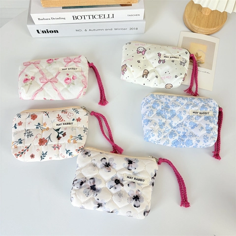 Quilted Floral Coin Purse Mini Lipstick Storage Pouch With Drawstring Portable Travel Wallet For Women