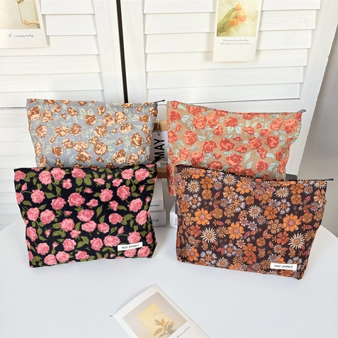 Blumige Cord-Kosmetiktasche Große Kapazität Tragbare Reise-Kulturbeutel Reißverschluss Waschtasche Für Frauen Vintage