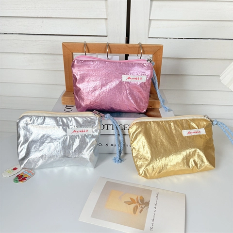 Metallic Crinkled Coin Purse Nylon Portable Makeup Storage Pouch With Braided Pull Zipper Stylish Women Travel Wallet