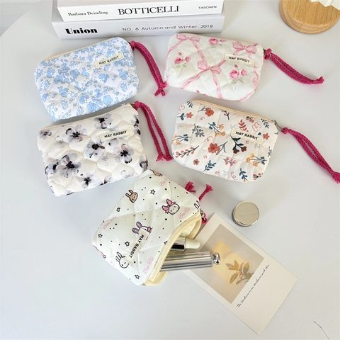 Quilted Floral Coin Purse Mini Lipstick Storage Pouch With Drawstring Portable Travel Wallet For Women