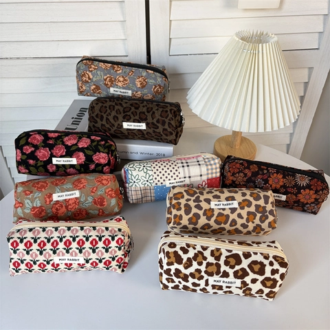Retro Cord Federmappe Große Kapazität Schreibwarentasche Floral Leopard Print Makeup Tasche Für Schüler Mädchen