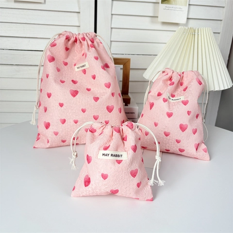 Drawstring Storage Bag Pink Heart Pattern Polyester Portable Pouch For Travel Cosmetics Stationery Organizer
