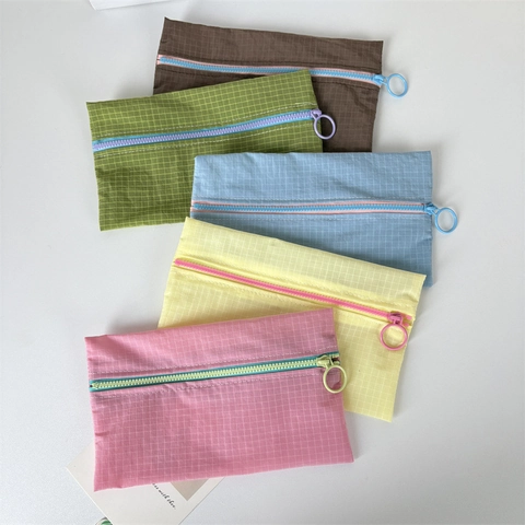 Plaid Nylon Coin Purse Mini Storage Bag With Round Ring Zipper Contrast Color Portable Makeup Pouch For Daily Use