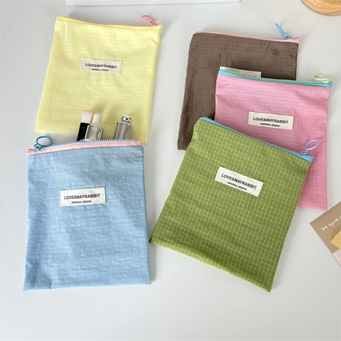 Mini Bolsa De Almacenamiento Portátil Nylon Patrón De Cuadrícula Cremallera Color Macarrón Organizador De Maquillaje