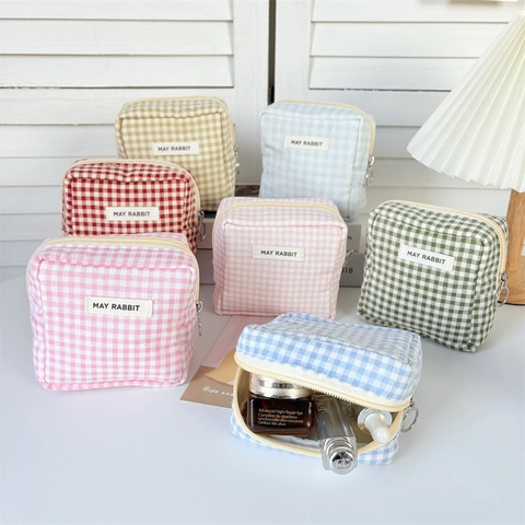 Mini Square Cosmetic Bag Cotton Gingham Plaid Lipstick Pouch Portable Coin Purse Korean Ins Style Minimalist Women