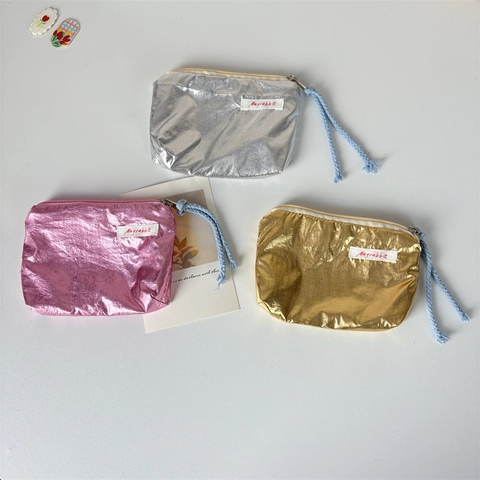 Metallic Crinkled Coin Purse Nylon Portable Makeup Storage Pouch With Braided Pull Zipper Stylish Women Travel Wallet