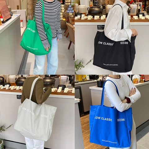Large Capacity Shoulder Tote Bag Lightweight Nylon Solid Color Letter Print Simple Trendy Daily Casual For Women