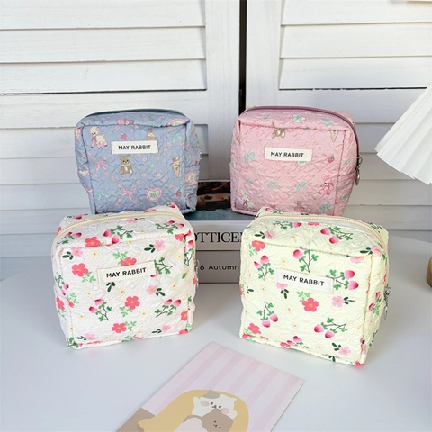 Trousse À Maquillage En Tissu Matelassé Mini Pochette De Rangement Carrée Organisateur De Rouge À Lèvres Imprimé Floral