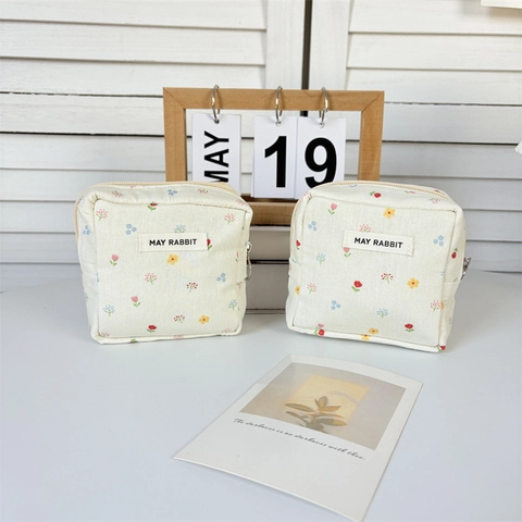 Blumenmuster Baumwolle Canvas Mini Quadratische Kosmetiktasche Tragbare Reißverschluss Make-Up Tasche Geldbörse Für Frauen