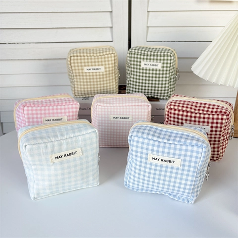Mini Square Cosmetic Bag Cotton Gingham Plaid Lipstick Pouch Portable Coin Purse Korean Ins Style Minimalist Women