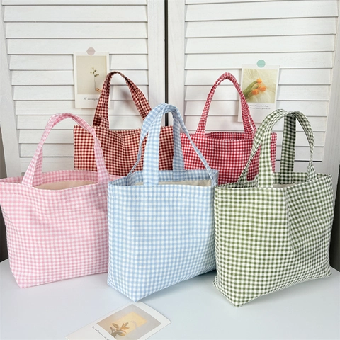 Checkered Canvas Handbag Gingham Plaid Large Capacity Tote Bag For Daily Outing Minimalist Portable Women