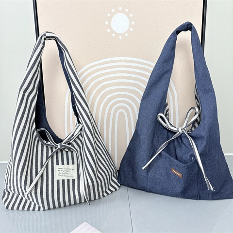 Reversible Striped Canvas Tote Bag Large Capacity Vintage Underarm Handbag With Bowknot Tie For Women